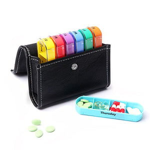 Pill Organizer Box Weekly Case Cute Travel Medication Reminder Daily AM PM, Day Night 7 Compartments-Includes Black Leather PU Carrying Case: Health & Personal Care
