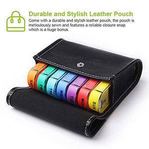 Pill Organizer Box Weekly Case Cute Travel Medication Reminder Daily AM PM, Day Night 7 Compartments-Includes Black Leather PU Carrying Case: Health & Personal Care